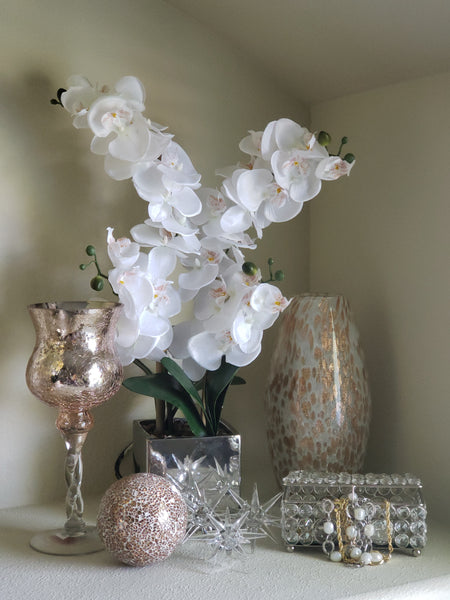 white with rose gold patterned glass vase