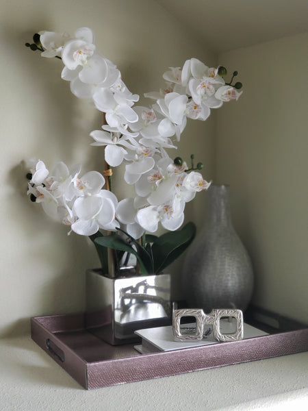 white 4 stem orchid with silver vase 23 inches