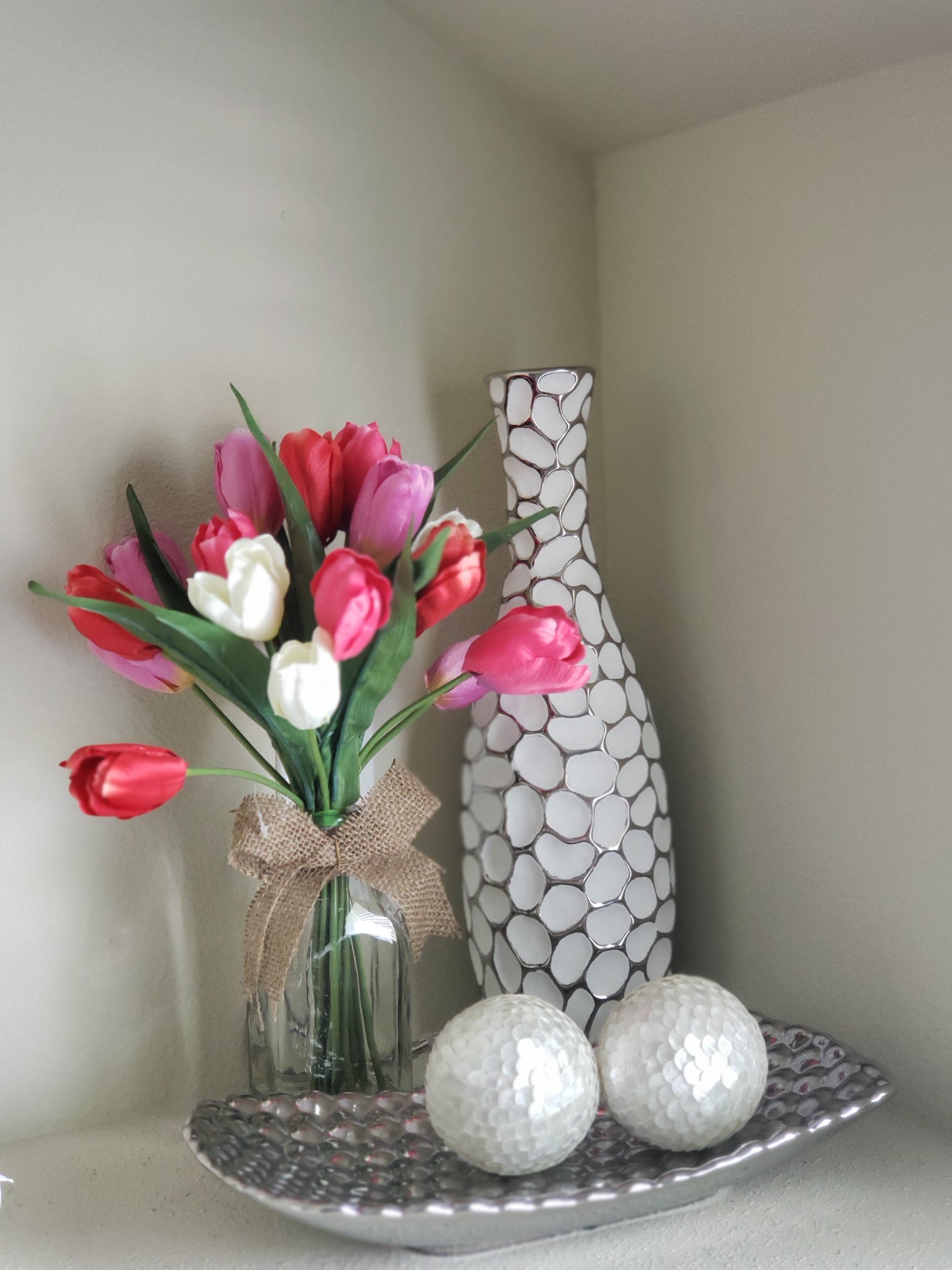 Silver decorative tray with beehive pattern