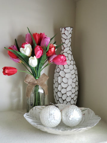 White with silver circular patterned vase