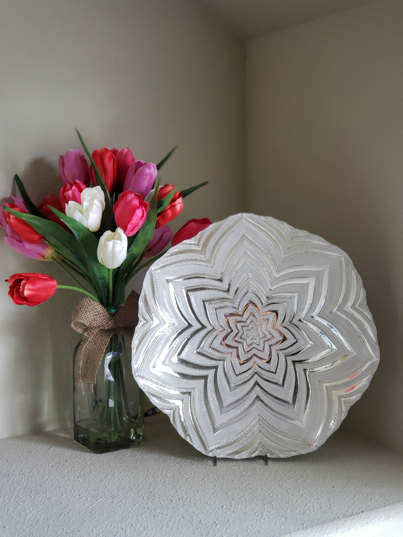 Silver flower patterned glass decorative bowl