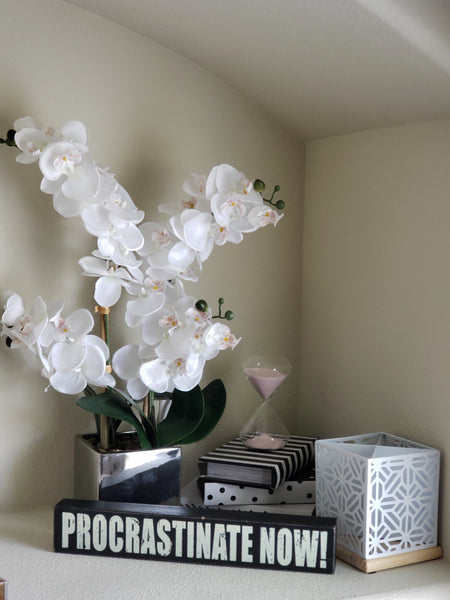 White 4 stem orchid with gold vase 23 inches