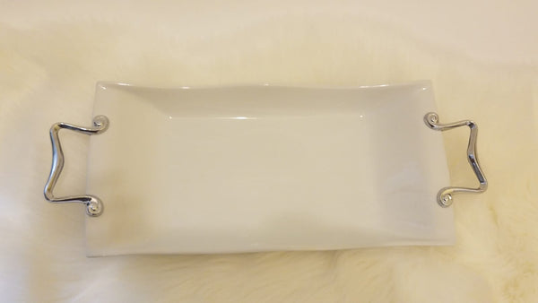 White ceramic decorative tray with silver handle 18.5 inches