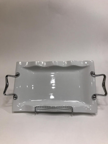 White ceramic decorative tray with silver handle 16 inches