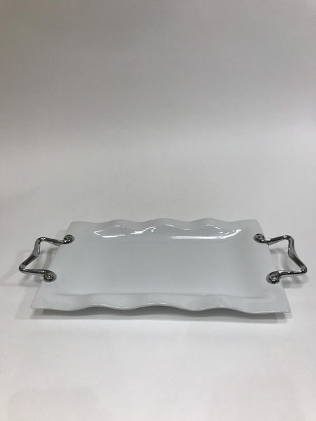 White ceramic decorative tray with silver handle 16 inches