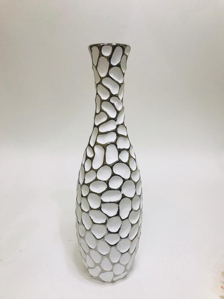 White with silver circular patterned vase