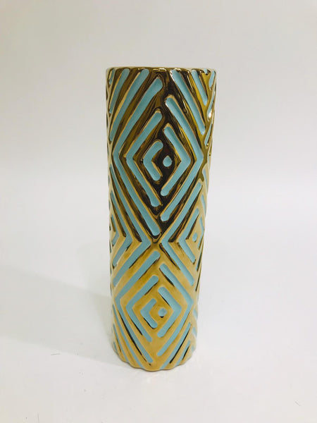 Teal and gold patterened cylindrical vase