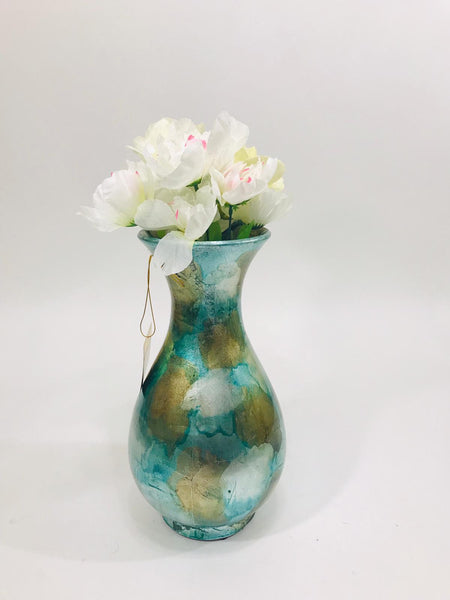 Teal and gold patterned vase