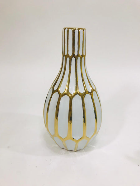 White and gold patterned rounded base vase