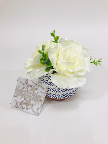 ivory floral mix with blue and white printed vase 5 inches