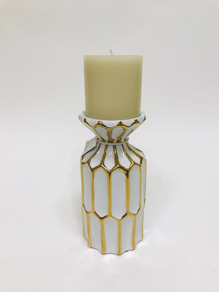 White with gold patterned candle holder