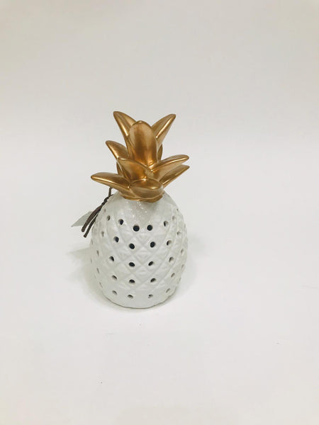 White ceramic pineapple with gold leaves 8 inches