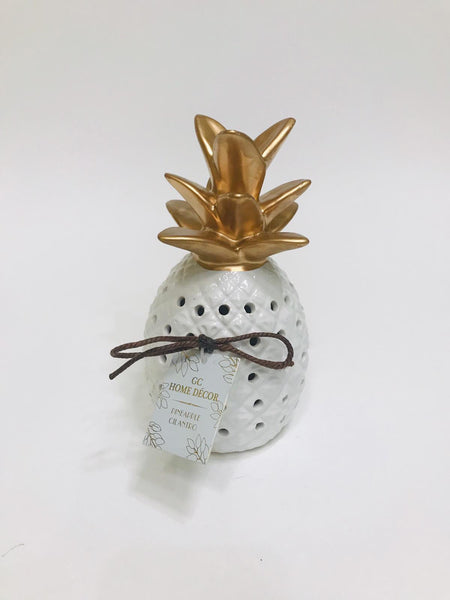 White ceramic pineapple with gold leaves 8 inches