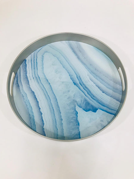 Blue faux marble tray with silver handle