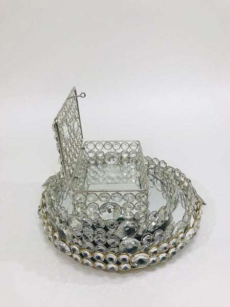 Silver crystal mirrored vanity tray 8.5 inches