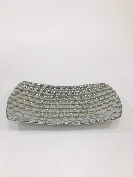 Silver decorative tray with beehive pattern